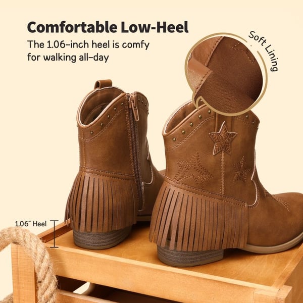 Girls Star Pattern Western Cowgirl Boots - CAMEL - 3